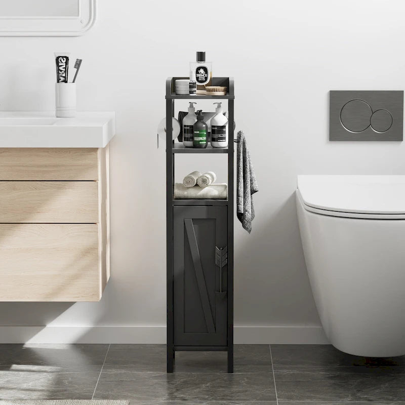Meuble de salle de bain sur pied marron/blanc avec étagères ouvertes et porte, montage 1 personne