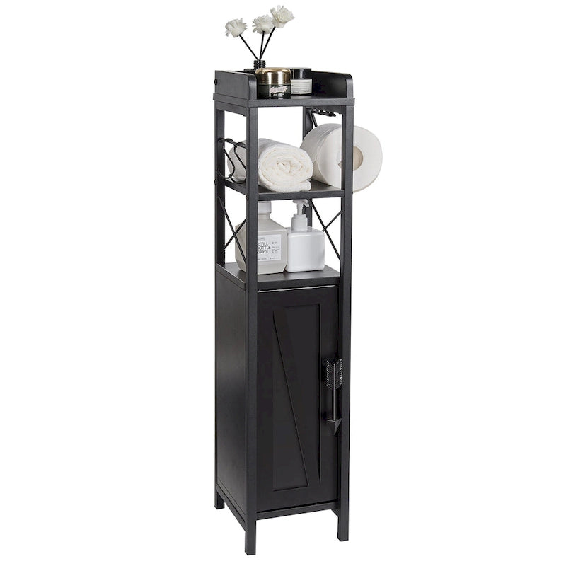 Meuble de salle de bain sur pied marron/blanc avec étagères ouvertes et porte, montage 1 personne