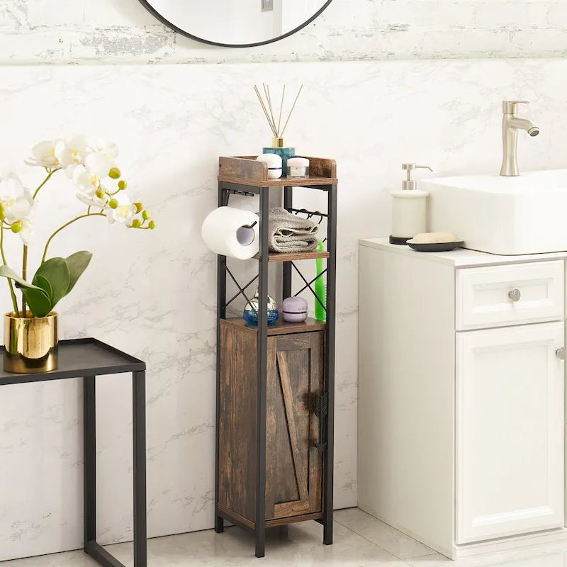 Meuble de salle de bain sur pied marron/blanc avec étagères ouvertes et porte, montage 1 personne