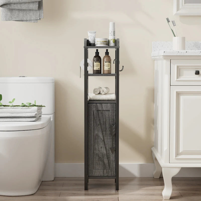 Meuble de salle de bain sur pied marron/blanc avec étagères ouvertes et porte, montage 1 personne