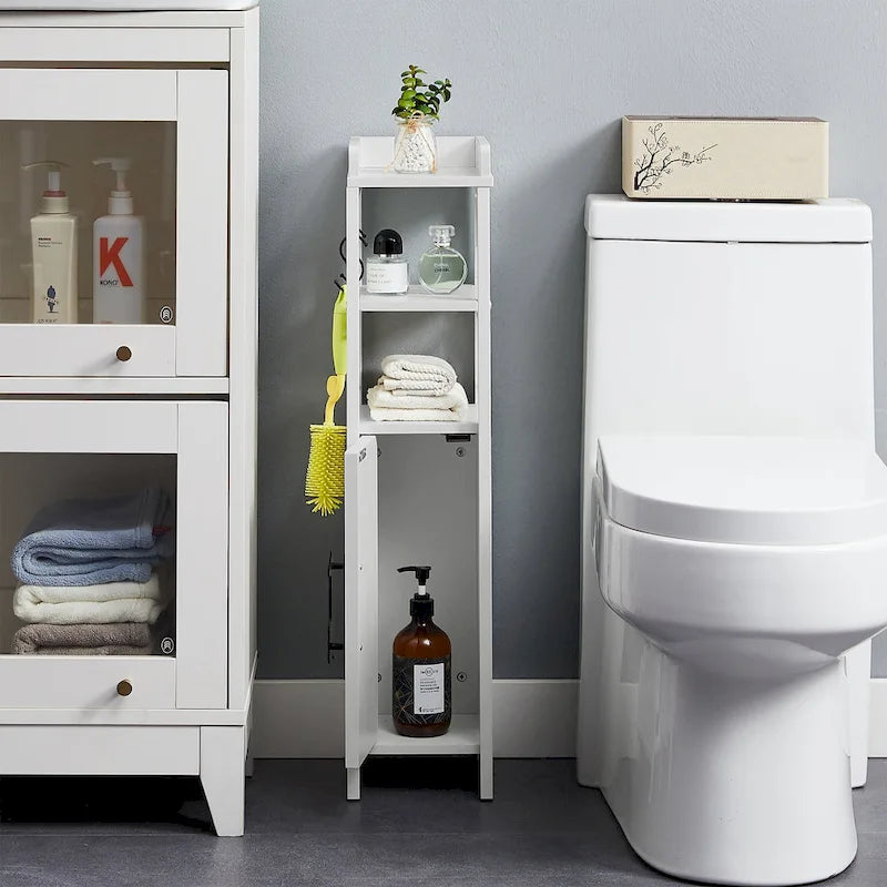 Meuble de salle de bain sur pied marron/blanc avec étagères ouvertes et porte, montage 1 personne