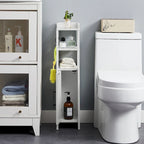 Meuble de salle de bain sur pied marron/blanc avec étagères ouvertes et porte, montage 1 personne