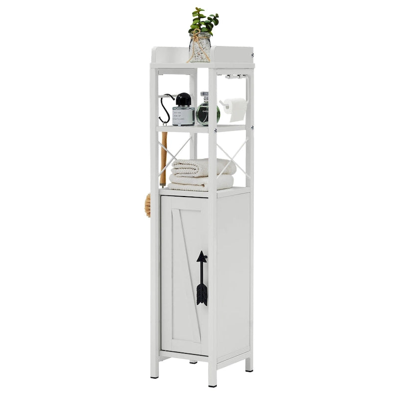 Meuble de salle de bain sur pied marron/blanc avec étagères ouvertes et porte, montage 1 personne