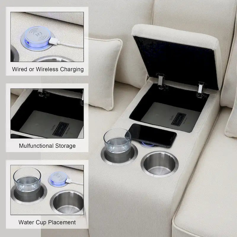 Canapé 3 places en lin gris de 114,2 po avec console, 2 porte-gobelets et 2 ports USB