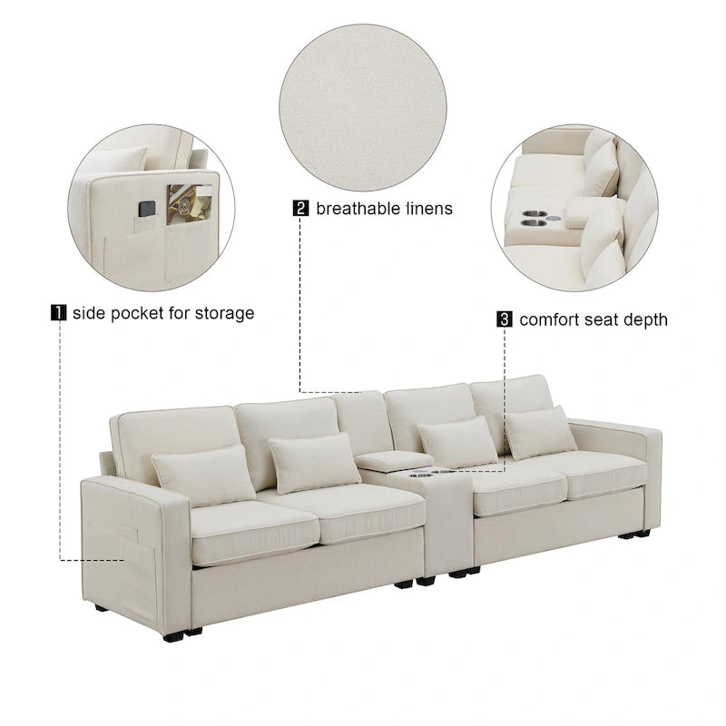 Canapé 3 places en lin gris de 114,2 po avec console, 2 porte-gobelets et 2 ports USB