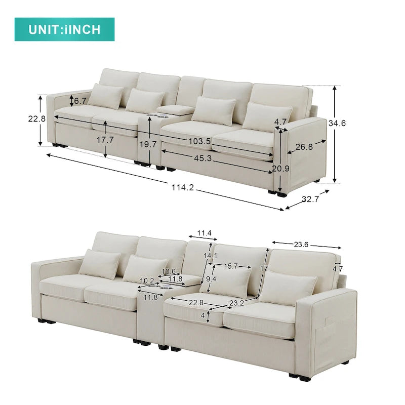 Canapé 3 places en lin gris de 114,2 po avec console, 2 porte-gobelets et 2 ports USB