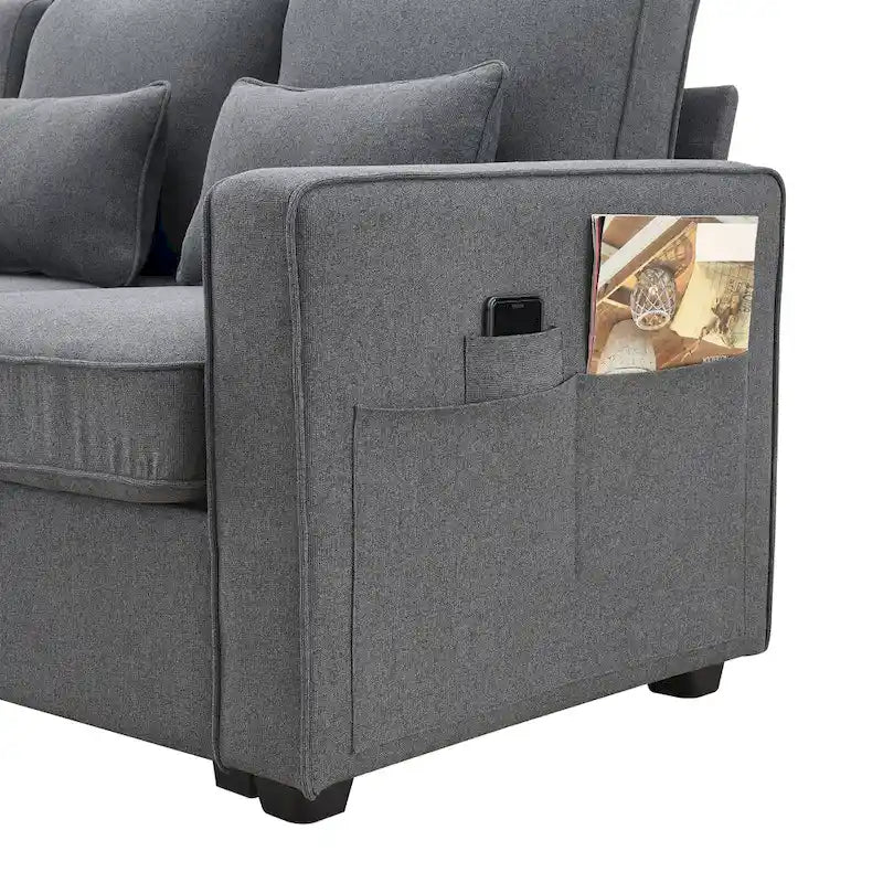 Canapé 3 places en lin gris de 114,2 po avec console, 2 porte-gobelets et 2 ports USB