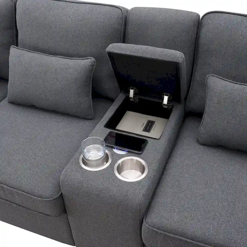 Canapé 3 places en lin gris de 114,2 po avec console, 2 porte-gobelets et 2 ports USB