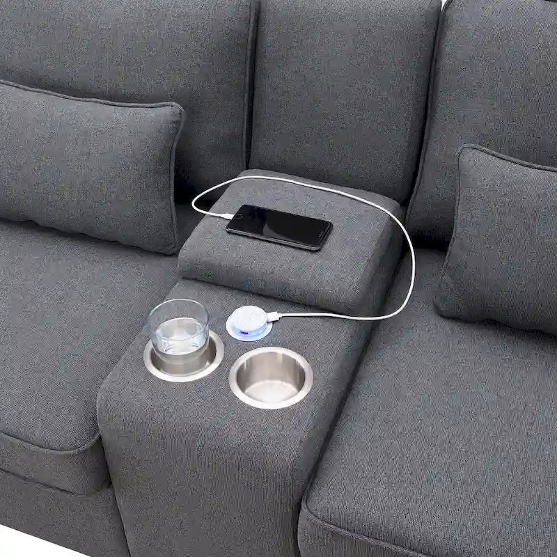Canapé 3 places en lin gris de 114,2 po avec console, 2 porte-gobelets et 2 ports USB