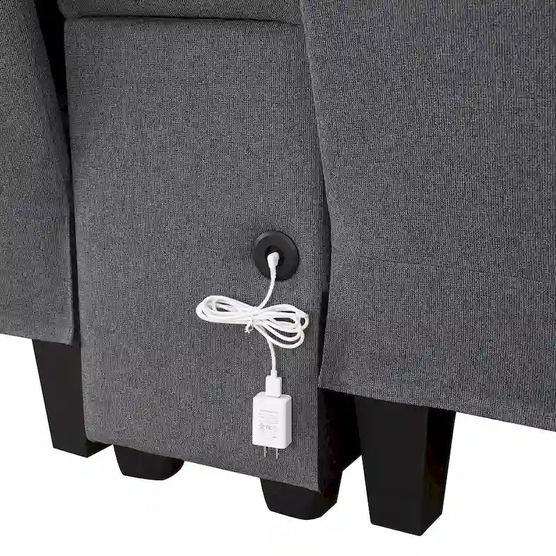 Canapé 3 places en lin gris de 114,2 po avec console, 2 porte-gobelets et 2 ports USB