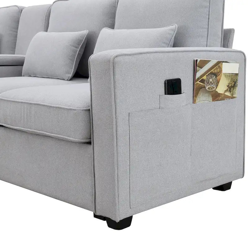 Canapé 3 places en lin gris de 114,2 po avec console, 2 porte-gobelets et 2 ports USB