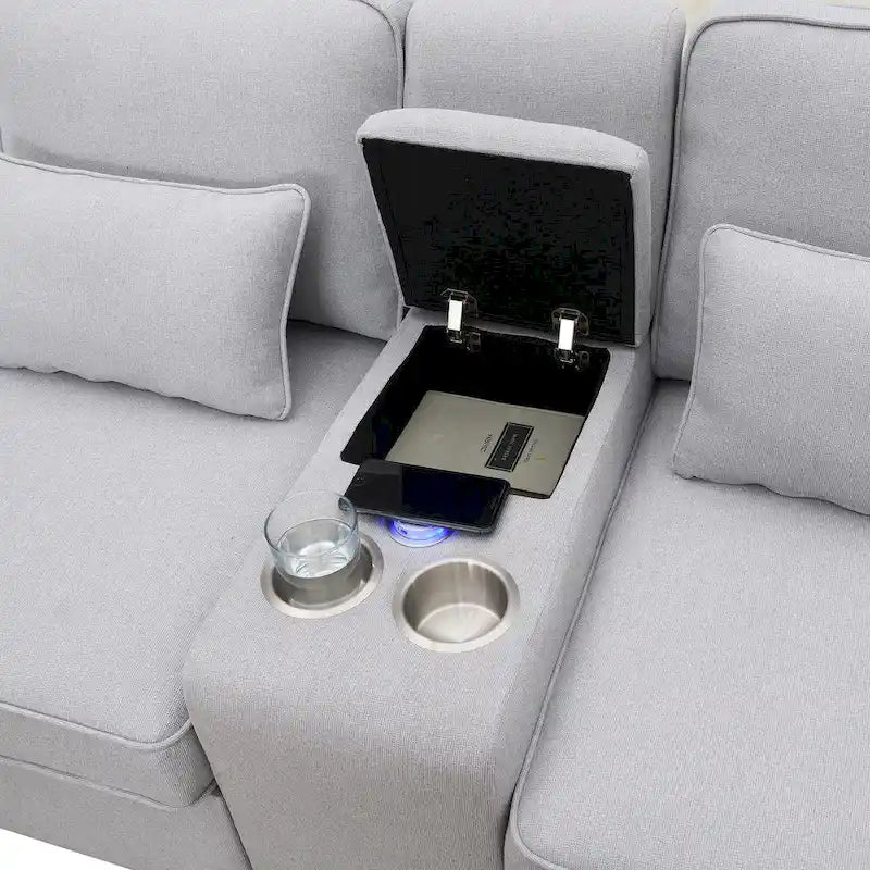 Canapé 3 places en lin gris de 114,2 po avec console, 2 porte-gobelets et 2 ports USB