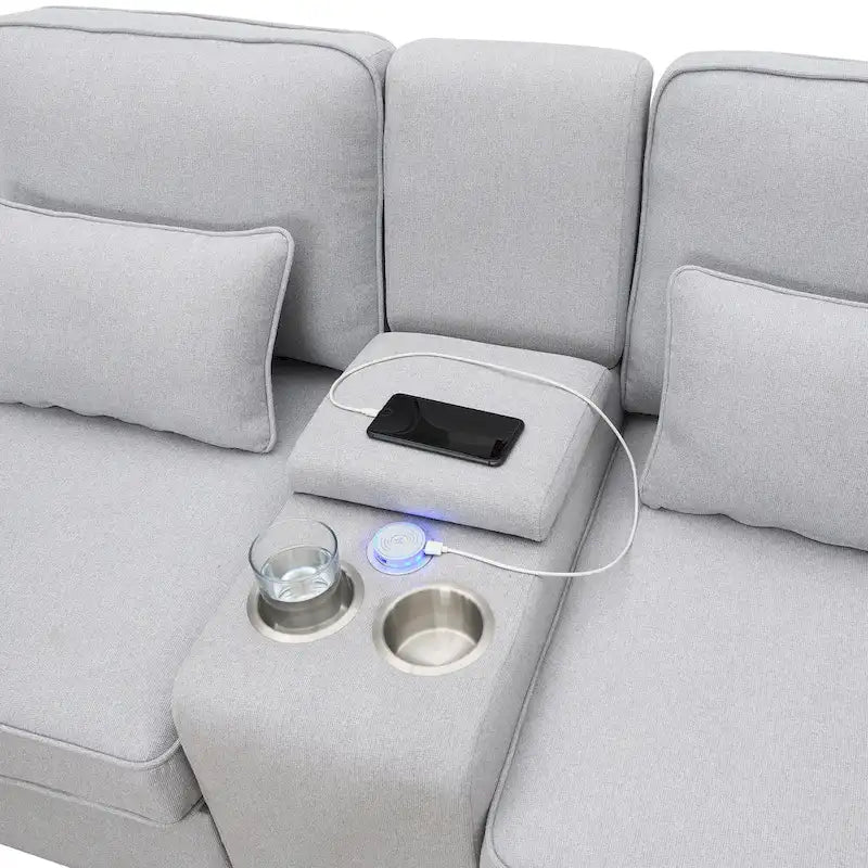 Canapé 3 places en lin gris de 114,2 po avec console, 2 porte-gobelets et 2 ports USB