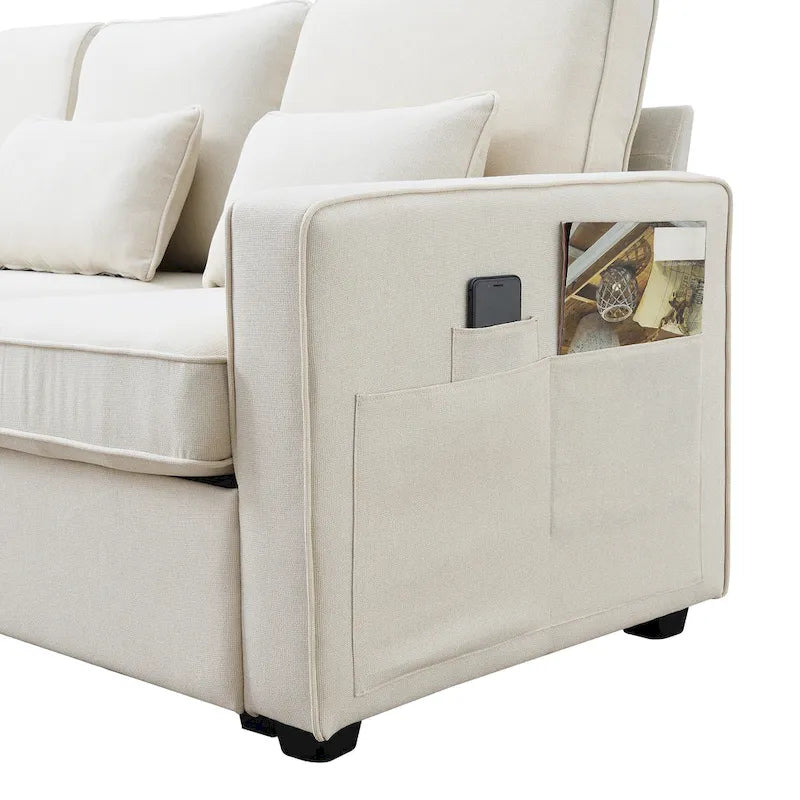 Canapé 3 places en lin gris de 114,2 po avec console, 2 porte-gobelets et 2 ports USB