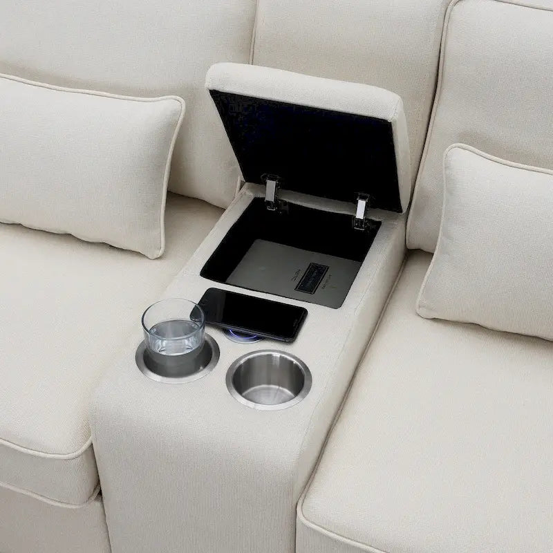 Canapé 3 places en lin gris de 114,2 po avec console, 2 porte-gobelets et 2 ports USB