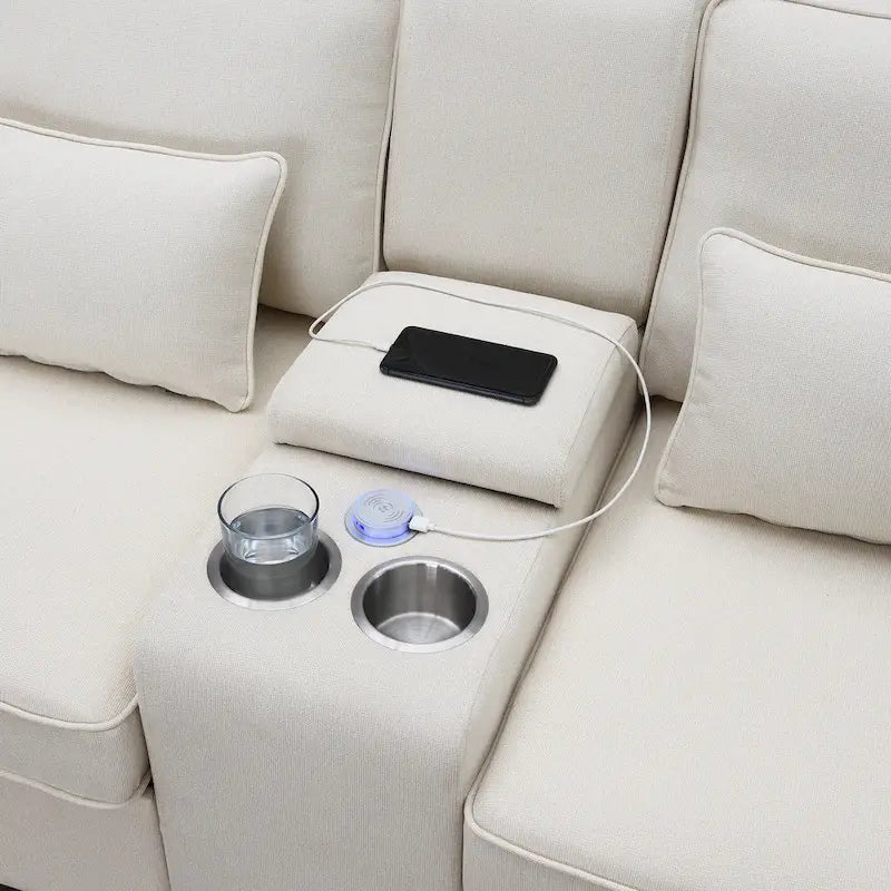 Canapé 3 places en lin gris de 114,2 po avec console, 2 porte-gobelets et 2 ports USB