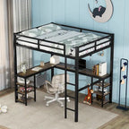 Lit mezzanine en métal noir pleine grandeur en forme de L avec bureau, étagères, échelle et barrières de sécurité, 1 personne