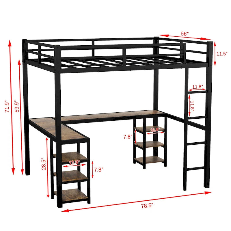 Lit mezzanine en métal noir pleine grandeur en forme de L avec bureau, étagères, échelle et barrières de sécurité, 1 personne