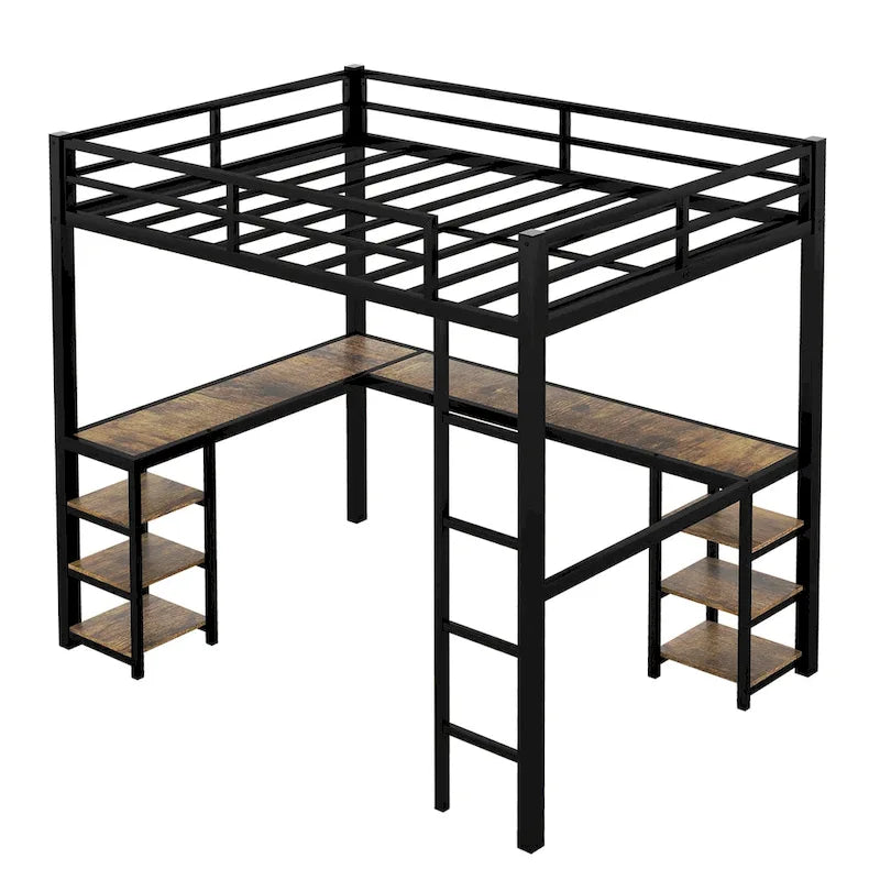 Lit mezzanine en métal noir pleine grandeur en forme de L avec bureau, étagères, échelle et barrières de sécurité, 1 personne