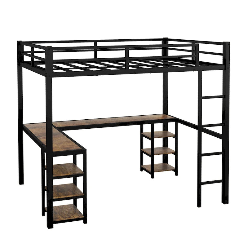 Lit mezzanine en métal noir pleine grandeur en forme de L avec bureau, étagères, échelle et barrières de sécurité, 1 personne