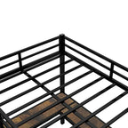 Lit mezzanine en métal noir pleine grandeur en forme de L avec bureau, étagères, échelle et barrières de sécurité, 1 personne