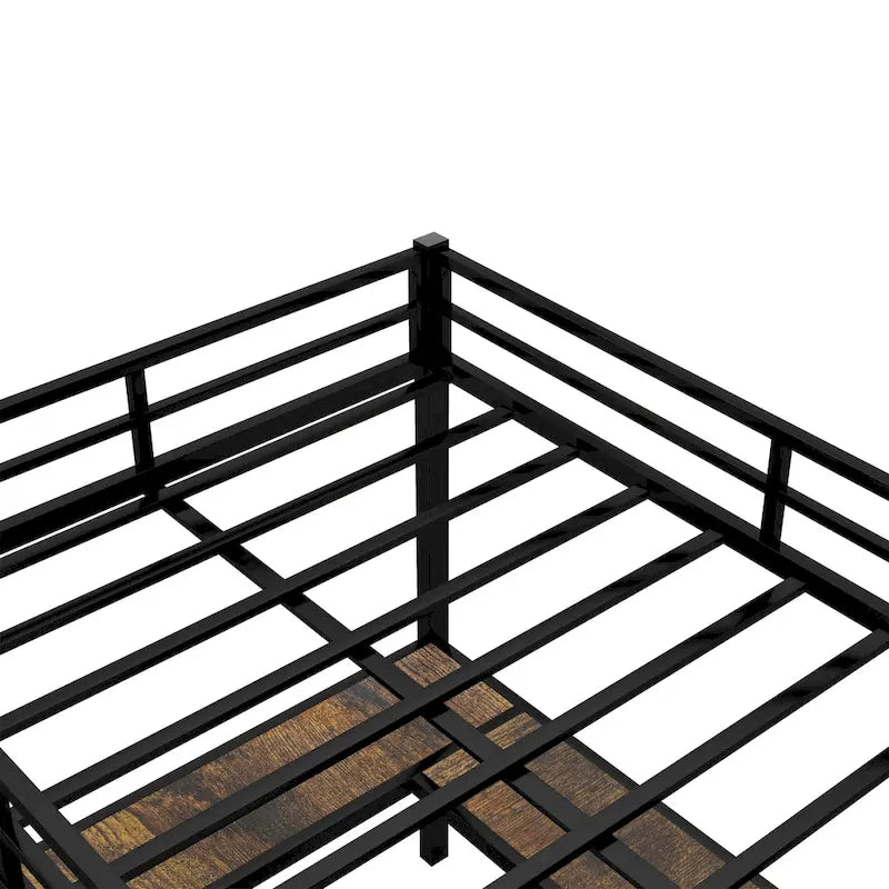 Lit mezzanine en métal noir pleine grandeur en forme de L avec bureau, étagères, échelle et barrières de sécurité, 1 personne