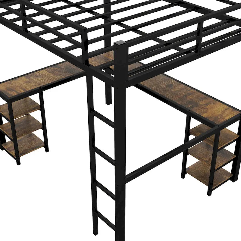 Lit mezzanine en métal noir pleine grandeur en forme de L avec bureau, étagères, échelle et barrières de sécurité, 1 personne
