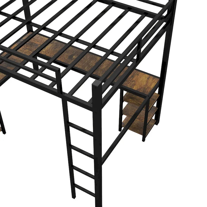Lit mezzanine en métal noir pleine grandeur en forme de L avec bureau, étagères, échelle et barrières de sécurité, 1 personne