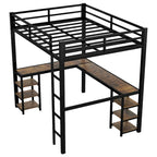Lit mezzanine en métal noir pleine grandeur en forme de L avec bureau, étagères, échelle et barrières de sécurité, 1 personne