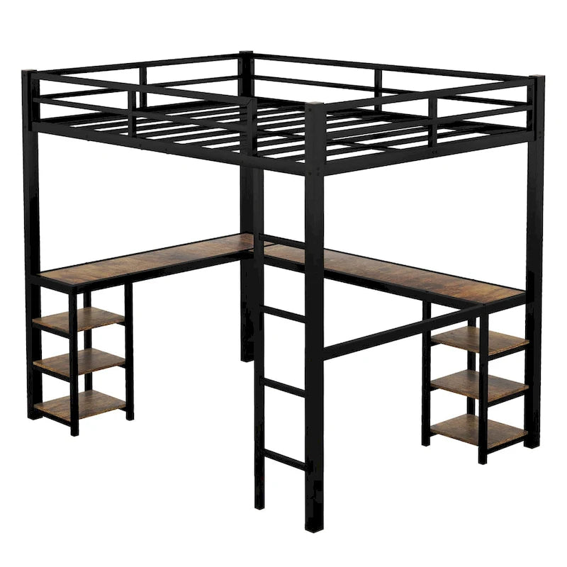 Lit mezzanine en métal noir pleine grandeur en forme de L avec bureau, étagères, échelle et barrières de sécurité, 1 personne