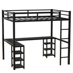 Lit mezzanine en métal noir pleine grandeur en forme de L avec bureau, étagères, échelle et barrières de sécurité, 1 personne