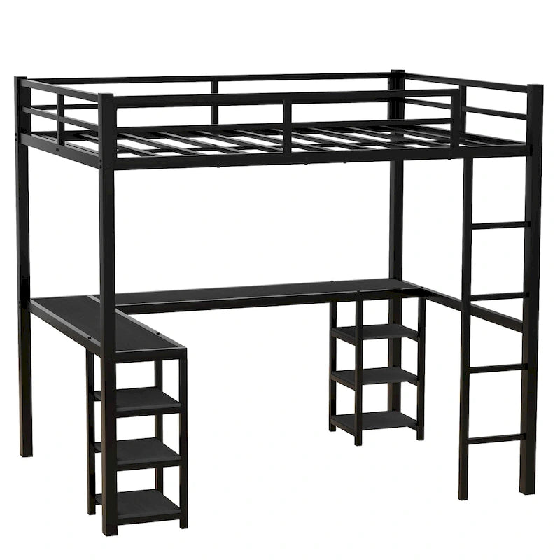 Lit mezzanine en métal noir pleine grandeur en forme de L avec bureau, étagères, échelle et barrières de sécurité, 1 personne