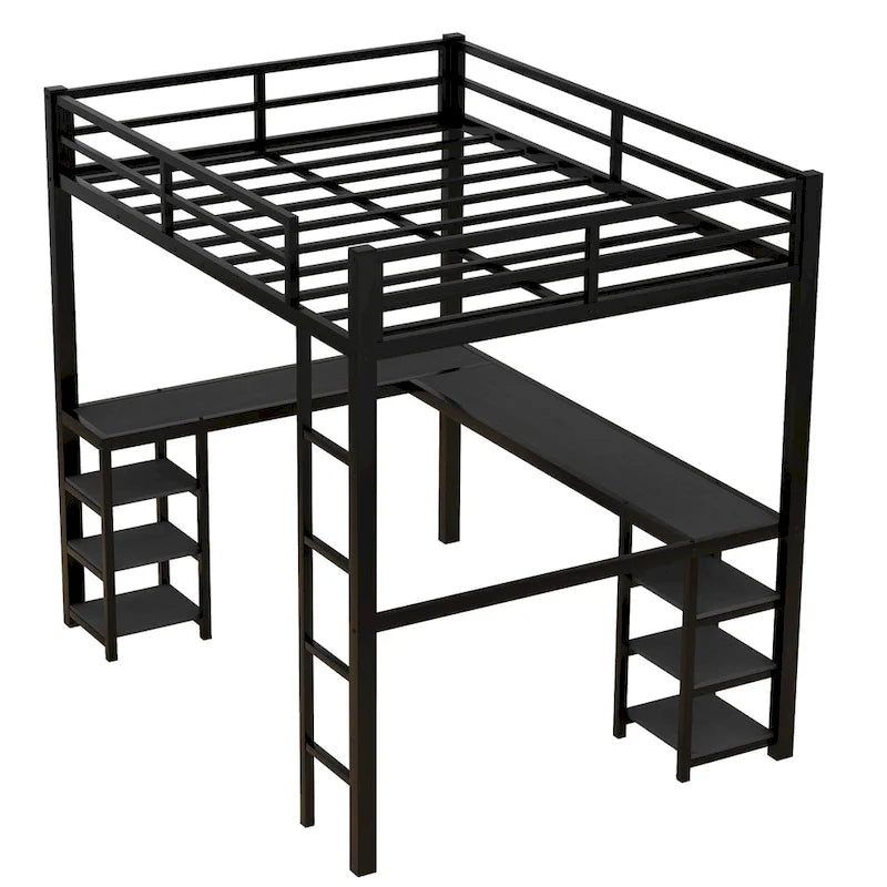 Lit mezzanine en métal noir pleine grandeur en forme de L avec bureau, étagères, échelle et barrières de sécurité, 1 personne