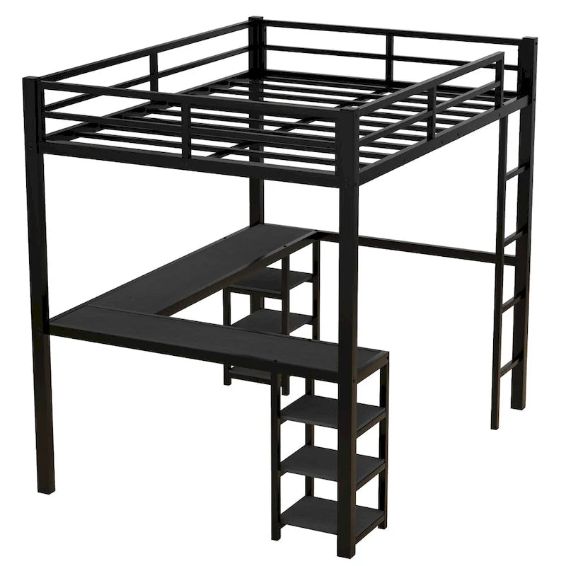 Lit mezzanine en métal noir pleine grandeur en forme de L avec bureau, étagères, échelle et barrières de sécurité, 1 personne