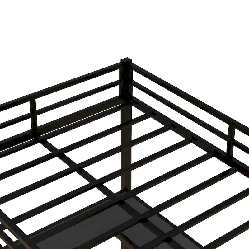 Lit mezzanine en métal noir pleine grandeur en forme de L avec bureau, étagères, échelle et barrières de sécurité, 1 personne