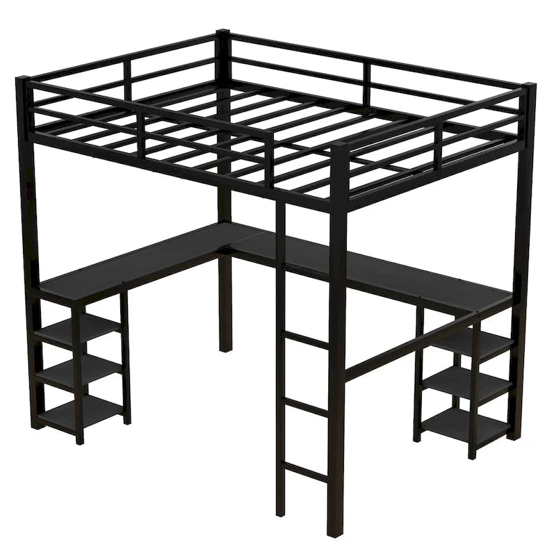 Lit mezzanine en métal noir pleine grandeur en forme de L avec bureau, étagères, échelle et barrières de sécurité, 1 personne