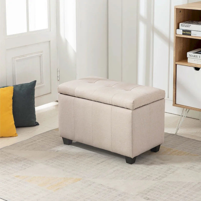 Banc de rangement en tissu capitonné beige / gris / gris foncé avec couvercle rabattable, une place