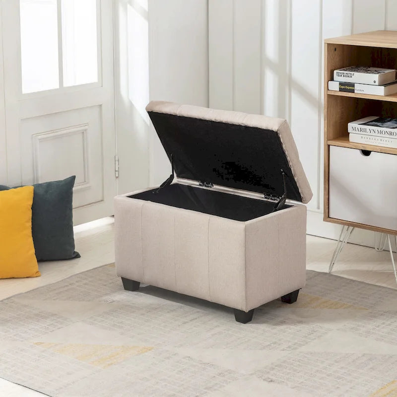 Banc de rangement en tissu capitonné beige / gris / gris foncé avec couvercle rabattable, une place