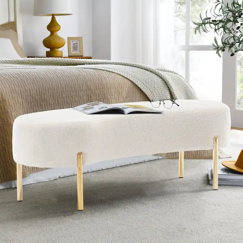 Banc ottoman rembourré en velours blanc/gris avec pieds en métal doré, une place