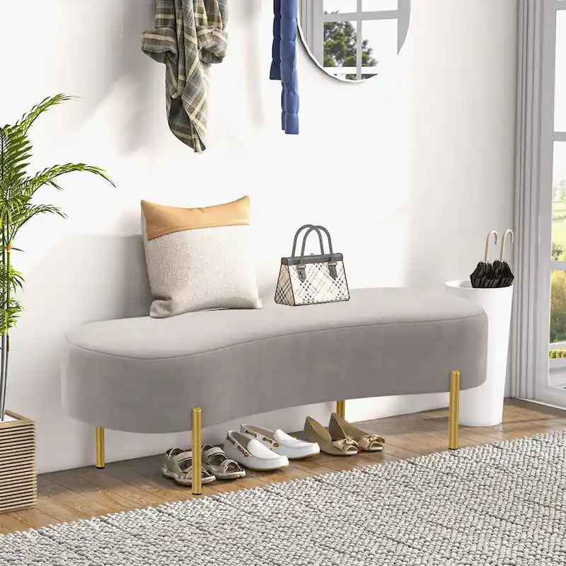 Banc ottoman rembourré en velours blanc/gris avec pieds en métal doré, une place