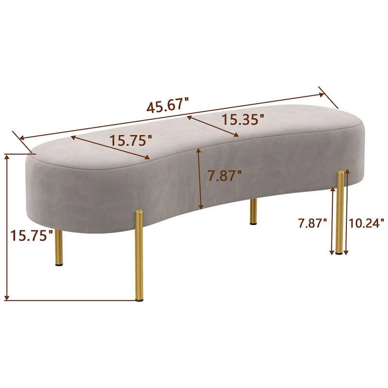 Banc ottoman rembourré en velours blanc/gris avec pieds en métal doré, une place