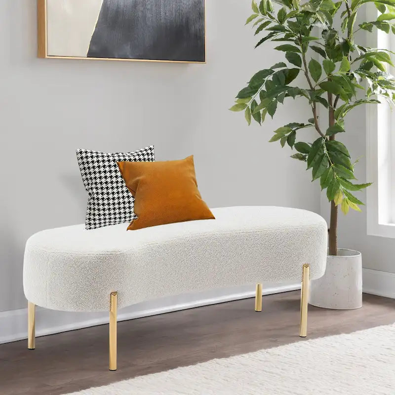 Banc ottoman rembourré en velours blanc/gris avec pieds en métal doré, une place