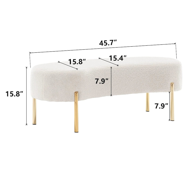 Banc ottoman rembourré en velours blanc/gris avec pieds en métal doré, une place