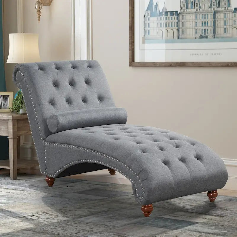Chaise longue sans accoudoirs capitonnée beige/grise avec oreiller traversin, 1 place