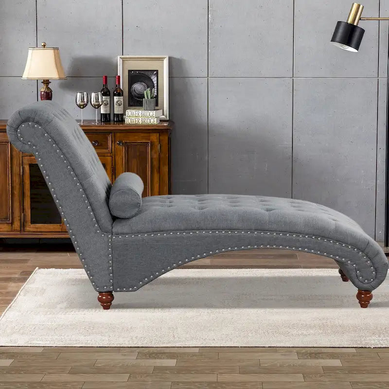 Chaise longue sans accoudoirs capitonnée beige/grise avec oreiller traversin, 1 place