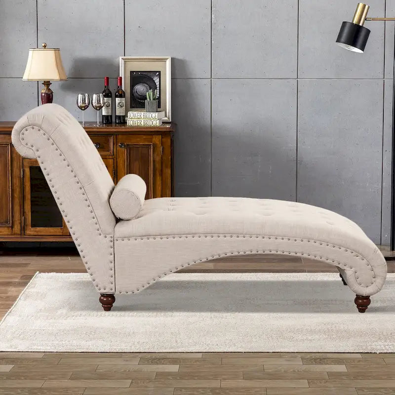 Chaise longue sans accoudoirs capitonnée beige/grise avec oreiller traversin, 1 place