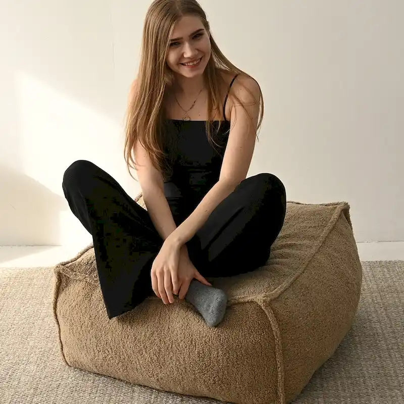 Pouf poire en tissu bouclette, 1 personne, 71 x 71 cm, beige/kaki