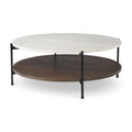 Table basse ronde à plateau en marbre blanc et étagère en bois, 2 niveaux