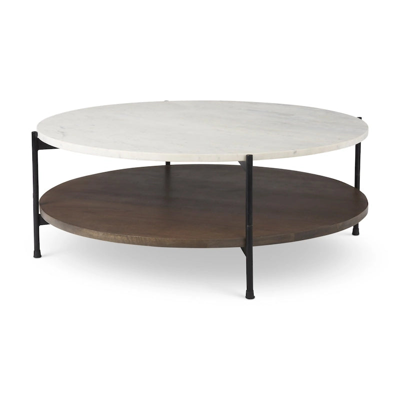 Table basse ronde à plateau en marbre blanc et étagère en bois, 2 niveaux