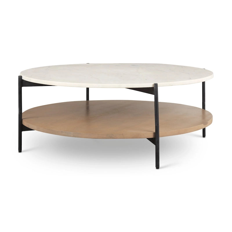 Table basse ronde à plateau en marbre blanc et étagère en bois, 2 niveaux